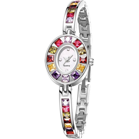 Women Silver Vintage Colorful Crystal Oval Watch Fashion Ladies Small Dial Dress - Picture 1 of 7